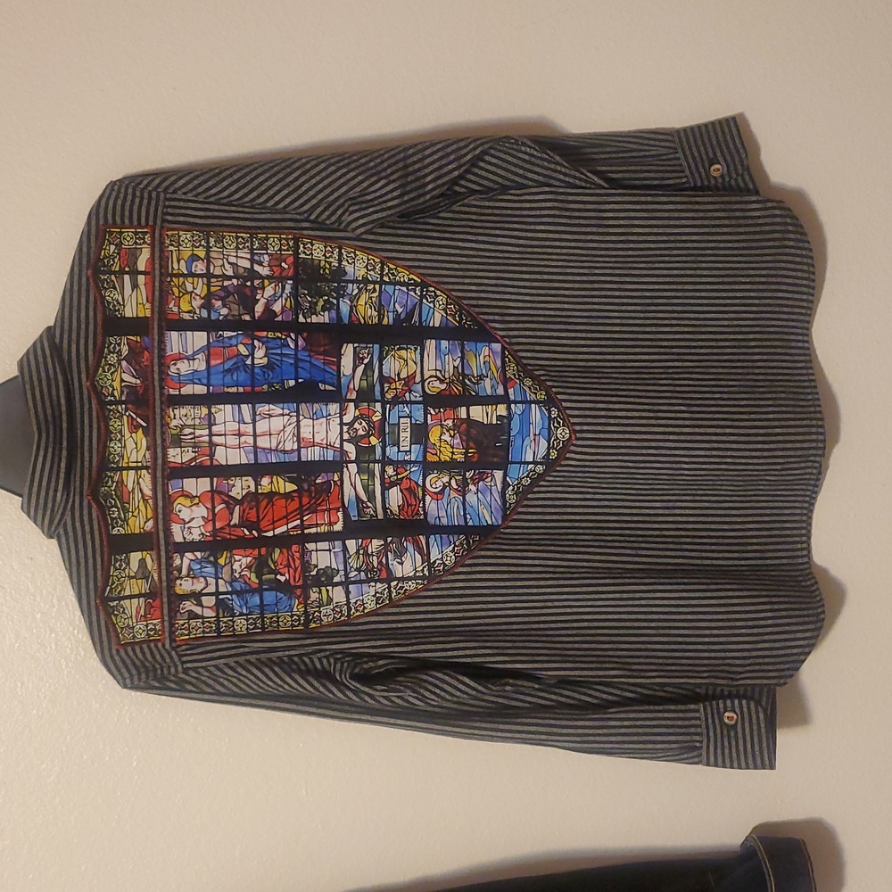Levi's Striped Work Shirt - St. Jean Church, Mary, Jesus Print Patch Embroidered